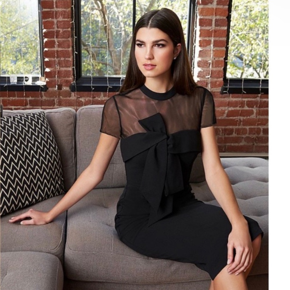 Black MIDI Length Cocktail Dress with Illusion Neck & Oversized Bow, Size 2